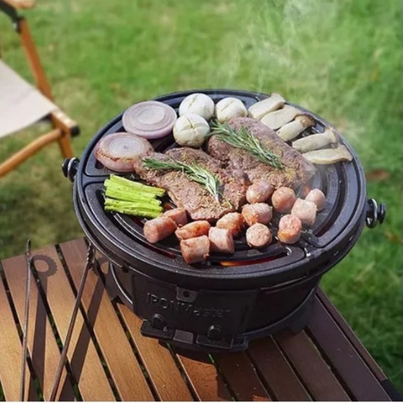Camping Cooking Cast Iron - Grelhador a carvão redondo, churrasco de
